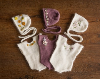 Romper tricoté nouveau-né pour fille avec bonnet et enveloppement, fille barboteuse nouveau-née, tenue de fille nouveau-née, accessoires de photographie pour nouveau-nés, ensemble d'accessoires photo pour nouveau-nés