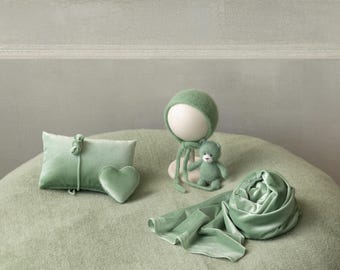 Green Newborn Props for photography, Newborn Knitted Wrap, Newborn Posing Fabric Backdrop, Newborn Fabric Wrap and Beanbag Backdrop Props