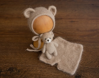 Newborn Knit Teddy Bear Outfit with Toy, Newborn Knitted Outfit, Newborn Bear Hat, Newborn Photography Props Set, Newborn Teddy Bear Outfit