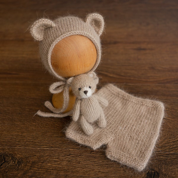 Ensemble ourson en tricot pour nouveau-né avec jouet, tenue tricotée pour nouveau-né, bonnet d'ours nouveau-né, ensemble d'accessoires de photographie pour nouveau-né, tenue d'ours en peluche pour nouveau-né