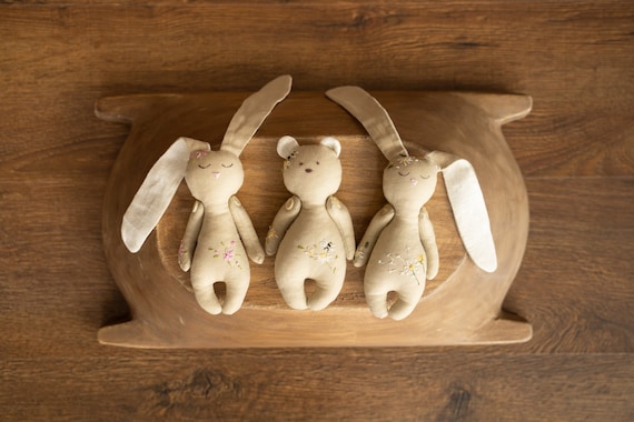 Linen Stuffed Bunny and Teddy Bear Toy Set, Hand Embroidered Heirloom Newborn Photo Prop, Neutral Baby Animal Doll for Photography Props
