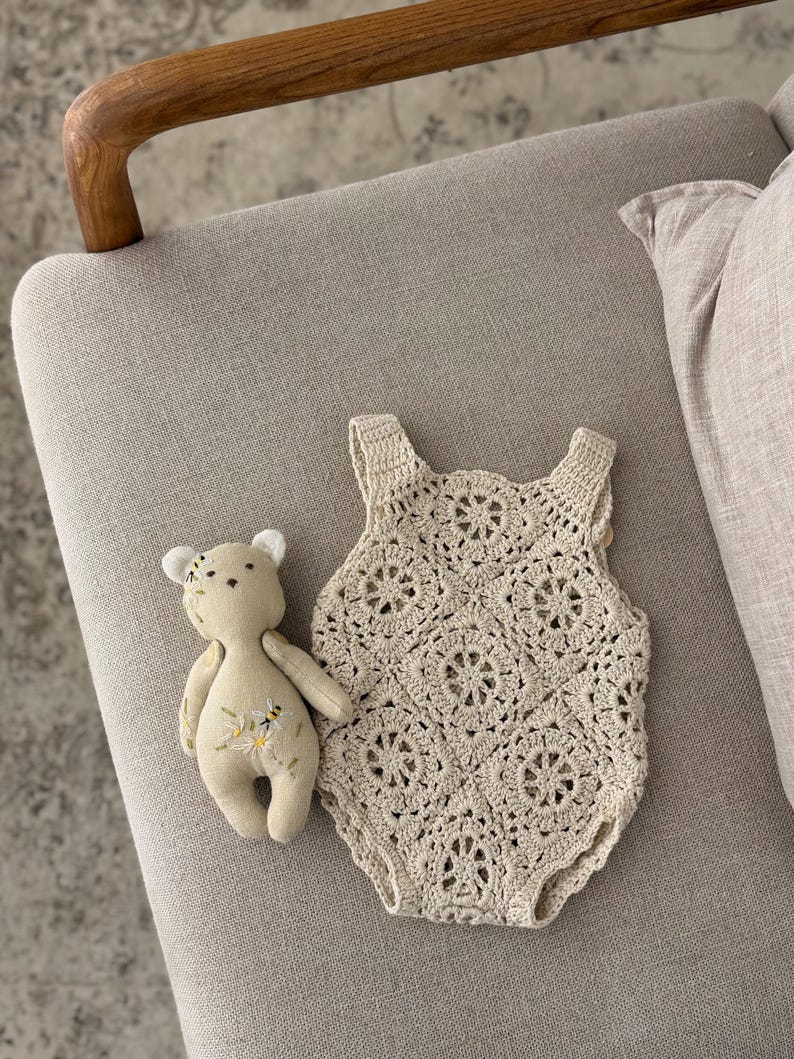 Linen Stuffed Bunny and Teddy Bear Toy Set, Hand Embroidered Heirloom Newborn Photo Prop, Neutral Baby Animal Doll for Photography Props image 10