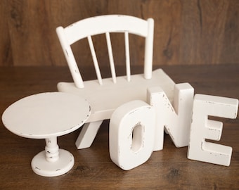 Newborn Wooden Chair and 'ONE' Letters Set, Cake Smash Props,Photography Props for Cake Smash and First Birthday Photos,Newborn Wooden Chair