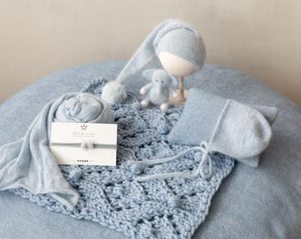 Blue Newborn Props for photography, Newborn Knit Blanket, Newborn Knitted Wrap, Newborn Posing Fabric Backdrop, Newborn Boy Photo Props Set