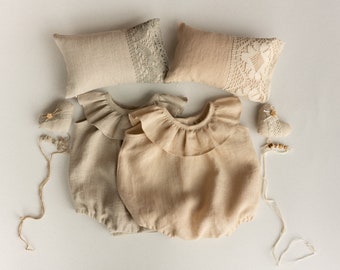 Baby Girl Linen Romper with Newborn Posing Pillow, Linen Baby Romper, Newborn Girl Coming Home outfit, Newborn Photography Outfit Girl
