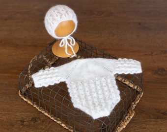 Newborn Knit Romper with Bonnet, Newborn Knitted Romper, Newborn Knitted Outfit Girl, Newborn Photography props, Newborn Coming Home Outfit