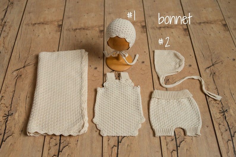 Natural Newborn Crochet Romper and Bonnet Set, Newborn Knitted Outfit, Newborn Knitted Blanket, Newborn Photography props, Baby Girl Romper zdjęcie 10