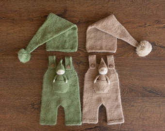 Newborn Knitted Outfits with Matched Small Doll, Newborn Overalls Photography, Newborn Photography Props, Newborn Boy Coming Home Outfit