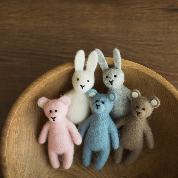 Photographie de nouveau-né feutrée lapin et ours en peluche, ours en peluche accessoires de photographie de nouveau-né, accessoires photo de jouet en feutre de nouveau-né, jouet de lapin nouveau-né