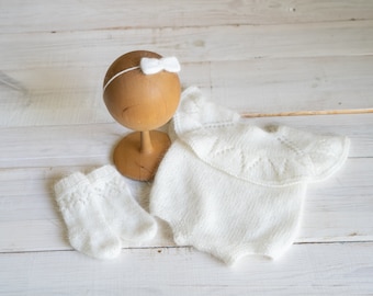Angora Wool Baby Girl Knit Romper with Ruffle Collar, Newborn Girl Coming Home Outfit, Newborn Knitted Outfit, Newborn Photo Props