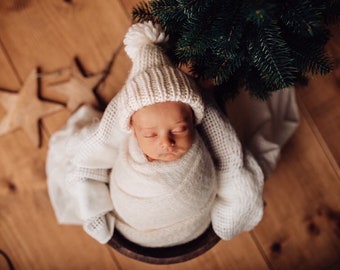 Gorro con pompón para recién nacido, accesorios de fotografía para recién nacidos, gorro de punto para recién nacidos, conjunto de punto para recién nacidos, gorro con pompón para bebé, gorro de lana merino para recién nacidos