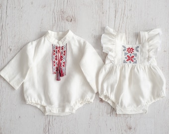 Newborn Ukrainian Vyshyvanka Dress, Newborn Linen Romper, Baby Embroidered Boho Romper, Newborn Coming Home outfit, Linen Baptism Romper