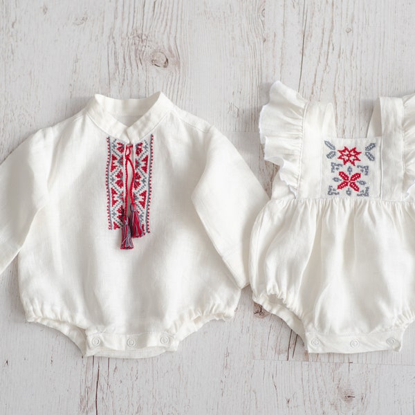 Newborn Ukrainian Vyshyvanka Dress, Newborn Linen Romper, Baby Embroidered Boho Romper, Newborn Coming Home outfit, Linen Baptism Romper