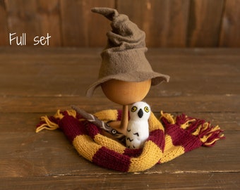 Wizard Newborn Photo Prop Set, Halloween Newborn Costume, Baby Witch Hat, Felted Owl Magic Wand, Newborn Photography Prop, Wizard Outfit