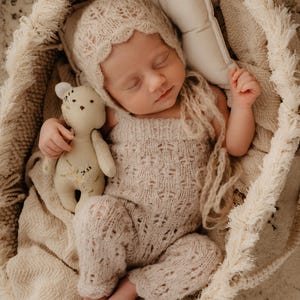 Linen Stuffed Bunny and Teddy Bear Toy Set, Hand Embroidered Heirloom Newborn Photo Prop, Neutral Baby Animal Doll for Photography Props image 2