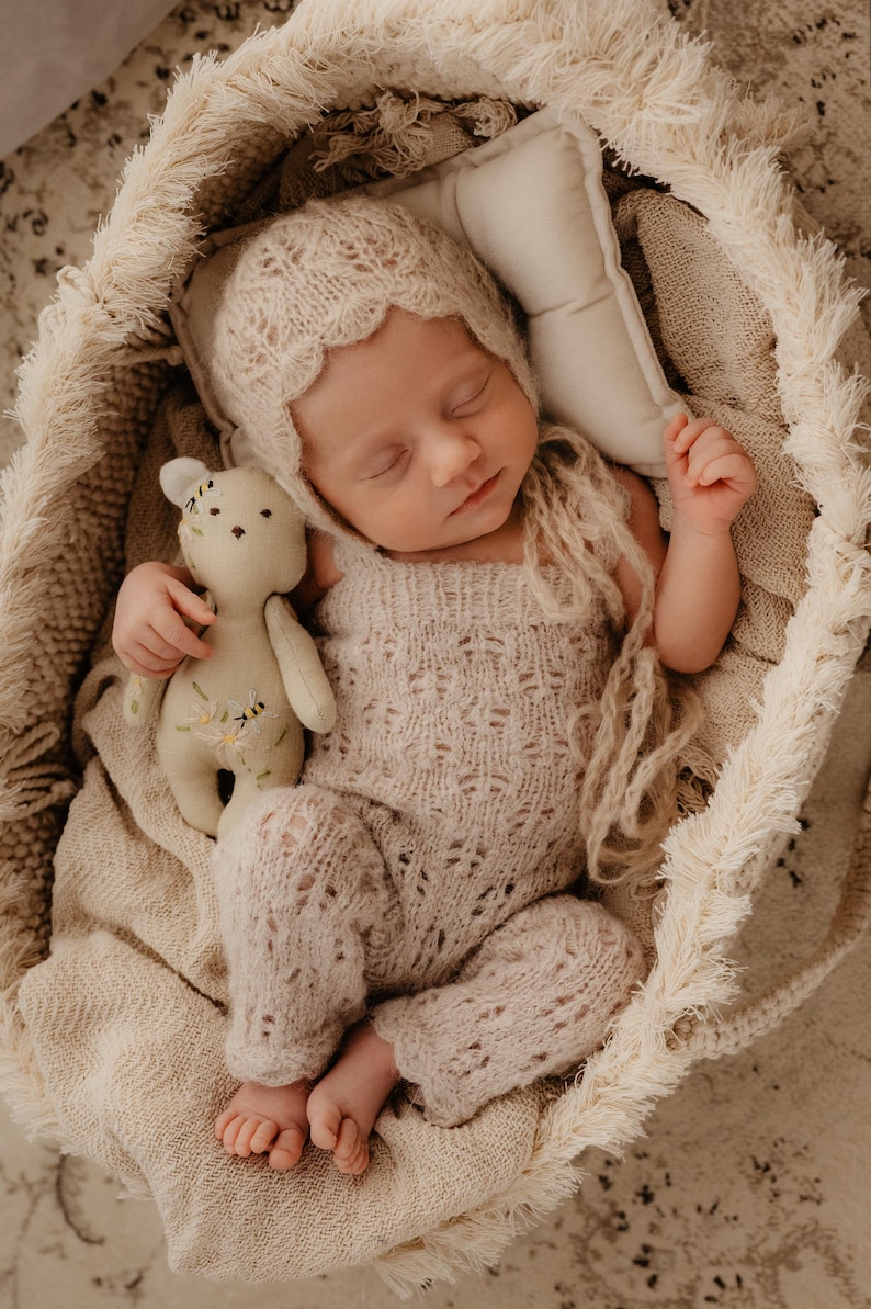 Linen Stuffed Bunny and Teddy Bear Toy Set, Hand Embroidered Heirloom Newborn Photo Prop, Neutral Baby Animal Doll for Photography Props image 2