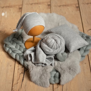 Accessoires de photographie gris pour nouveau-né, couverture pour nouveau-né en laine mérinos, accessoires en tissu pour nouveau-né, pose d'oreiller pour nouveau-né, bonnet de nuit garçon