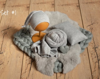 Gray Newborn Photography Props, Newborn Merino Wool Blanket, Newborn Posing Fabric Props, Newborn Posing Pillow, Newborn Sleep Hat Boy