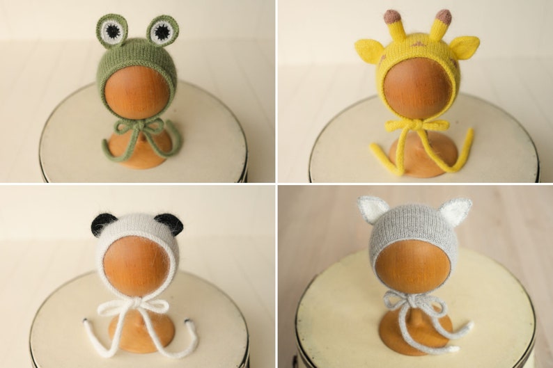 Newborn animal hat with toy and knitted outfit, ideal for newborn photography, featuring giraffe and panda designs