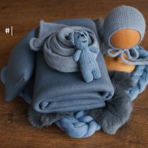 Blue Newborn Photography Props Set, Newborn Merino Wool blanket,Newborn Posing Fabric Backdrop,Newborn Beanbag Backdrop,Newborn Knitted Wrap