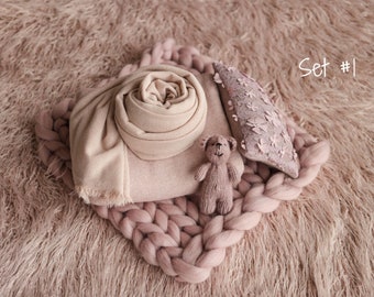 Rose Flokati Newborn Photography Props Set,Newborn Merino Wool blanket,Newborn Posing Fabric Backdrop,Newborn Posing Pillow,Newborn Layering