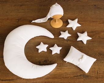 White Newborn Velvet Moon Pillow with Stars, Suede Crescent Moon Pillow Props for Newborn Photography, Newborn Photography Moon Props Set