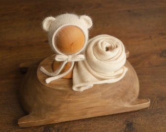 Newborn Teddy Bear Hat and Knitted Wrap Set, Newborn Knitted Outfit, Newborn Photography Props, Newborn Knitted Wrap, Newborn Bear Hat Prop