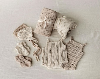 Organic Cotton Newborn Knit Outfit, Baby Knitted Romper with Bonnet and Socks, Unisex Newborn Photography Outfit, Baby Shower Gift