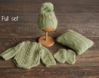 Conjunto de punto trenzado para recién nacido, Conjunto para recién nacido que regresa a casa, Gorro de punto trenzado para recién nacido, Conjunto de punto para recién nacido, Accesorios de fotografía para recién nacido, Gorro con pompón