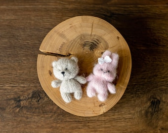 Alpaca Knit Mini Teddy Bear or Bunny for Newborn Photography Props, Handmade Stuffed Animal, First Toy Gift Baby Shower