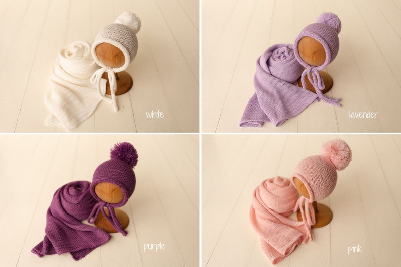 Newborn Knitted Wrap and Bonnet Photo Props Set, Newborn Pom Pom Bonnet,Newborn Merino Wool Layer,Newborn Photography props,Baby Pom Pom Hat image 10