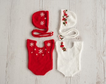 Newborn Knitted Romper for Girl with Bonnet & Wrap, Newborn Christmas Outfit Girl, Newborn Photography Props, Newborn Photo Props Set