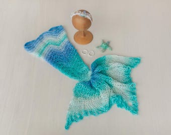 Newborn Mermaid Outfit with Knitted Mermaid Tail, Baby Girl Headband & Accessories – Mermaid Newborn Photography Prop Set