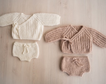 Unisex Baby Knitted Cardigan and Bloomers, Newborn Photography Outfit, Newborn Sweater, Newborn Diaper Cover, Newborn Coming Home Outfit
