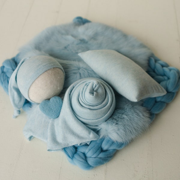 Accessoires de photographie bleu bébé pour nouveau-né, couverture en laine mérinos pour nouveau-né, tissu pour nouveau-né, oreiller pour nouveau-né, bonnet de nuit pour nouveau-né, écharpe de portage pour nouveau-né