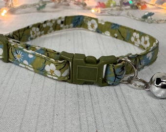 Green Liberty London Fabric Cat Kitten Collar | Adjustable Breakaway & Bell | reflective optional