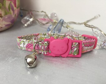 Pink green Liberty of London Cat Kitten Collar | Floral collar | Adjustable Safety with Bell | optional reflective collar