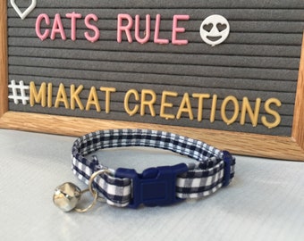 Blue Gingham Cat or kitten Collar | Breakaway Collar with Bell