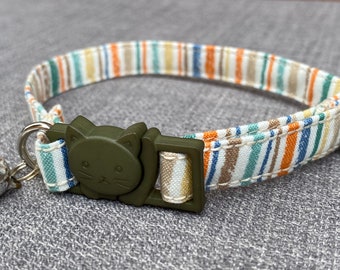 Stripey Cotton Cat and Kitten Collar | Safety Breakaway with Bell | Optional reflective