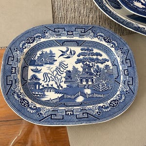 Antique Blue Willow Oval Serving Platter 14” x 11” | Unmarked Blue & White Transferware | English Cottage  Chinoiserie Decor | Early 20th C