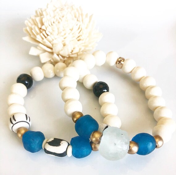 Blue African Tribal Wooden Bead Bracelet Set