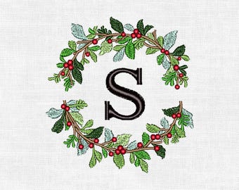 Personalized Christmas Wreath Monogram Embroidery Design – Custom Initial | Digital Machine Embroidery (4")