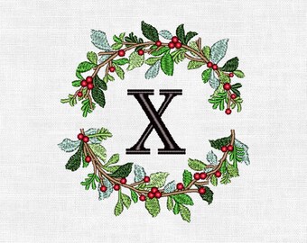 Personalized Christmas Wreath Monogram Embroidery Design – Custom Initial | Digital Machine Embroidery (4")