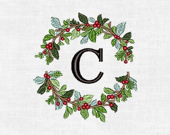 Personalized Christmas Wreath Monogram Embroidery Design – Custom Initial | Digital Machine Embroidery (4")