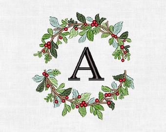 Personalized Christmas Wreath Monogram Embroidery Design – Custom Initial | Digital Machine Embroidery (4")