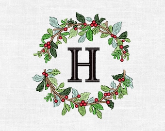 Personalized Christmas Wreath Monogram Embroidery Design – Custom Initial | Digital Machine Embroidery (4")