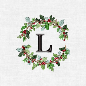 Personalized Christmas Wreath Monogram Embroidery Design – Custom Initial | Digital Machine Embroidery (4")