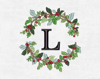 Personalized Christmas Wreath Monogram Embroidery Design – Custom Initial | Digital Machine Embroidery (4")