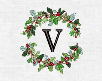 Personalized Christmas Wreath Monogram Embroidery Design – Custom Initial | Digital Machine Embroidery (4")