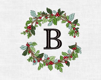 Personalized Christmas Wreath Monogram Embroidery Design – Custom Initial | Digital Machine Embroidery (4")